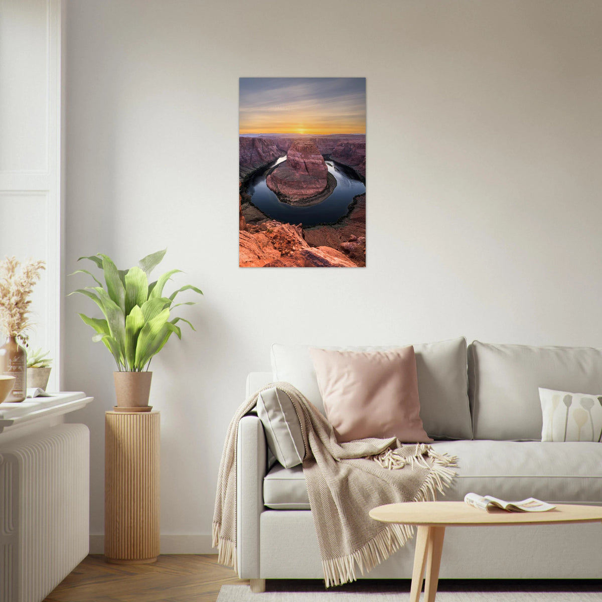 Horseshoe Bend, Arizona print, unframed, on a white living-room wall. Print only. Frame not included.