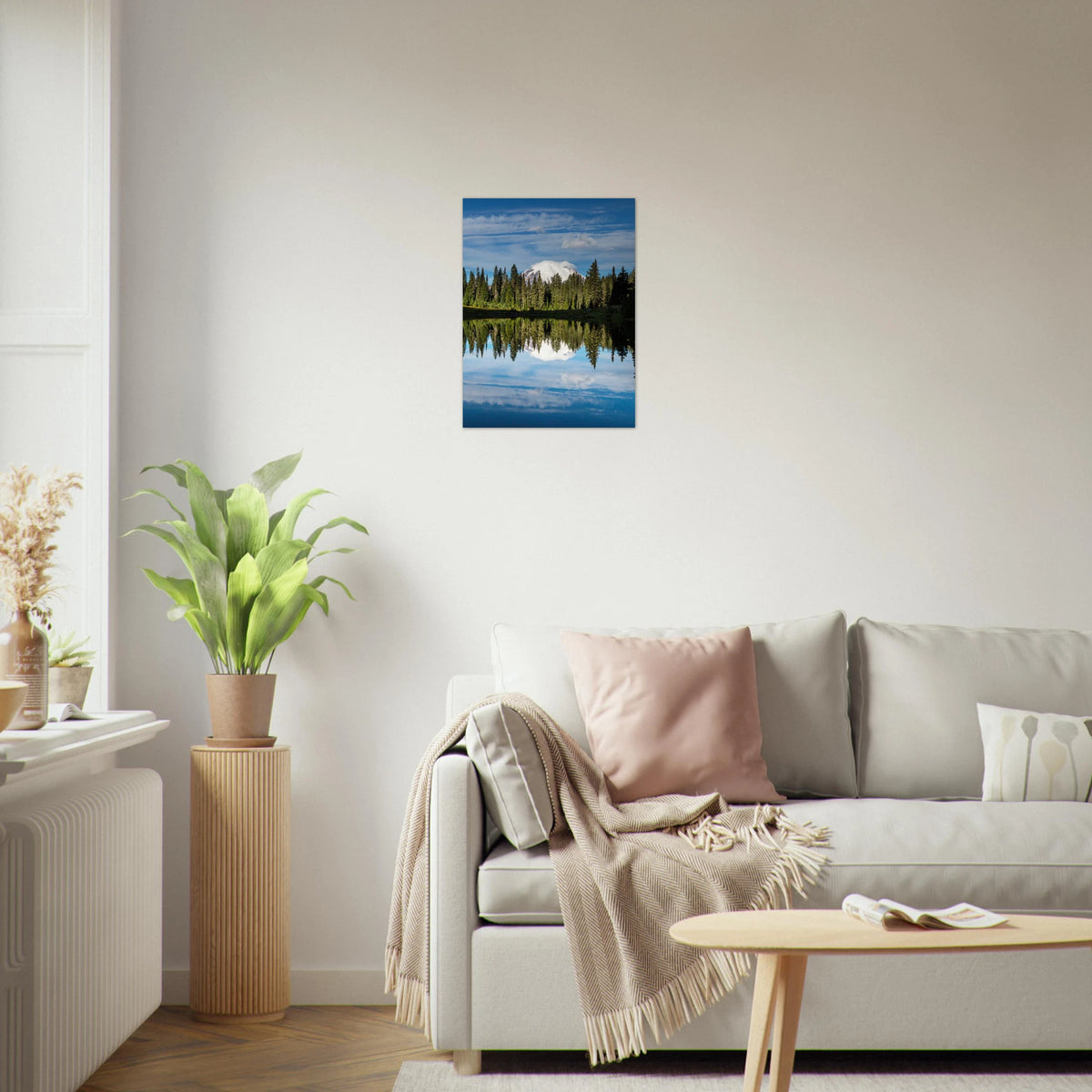 Mount Rainier, Washington print, unframed, on a white living-room wall. Print only. Frame not included.