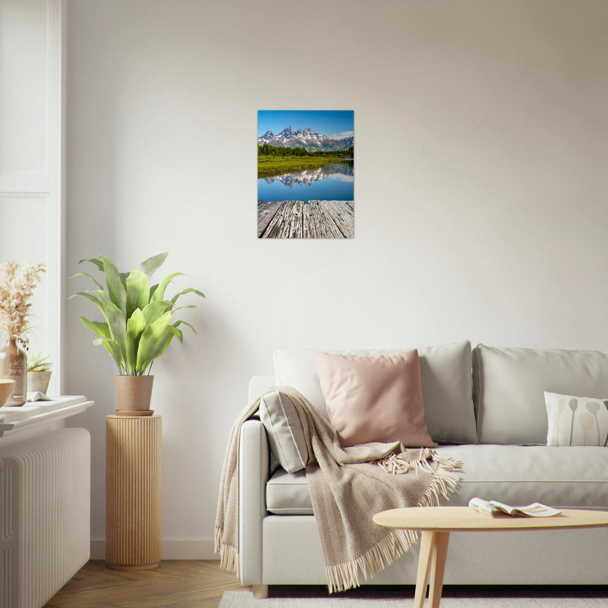 Grand Teton, Wyoming print, unframed, on a white living-room wall. Print only. Frame not included.