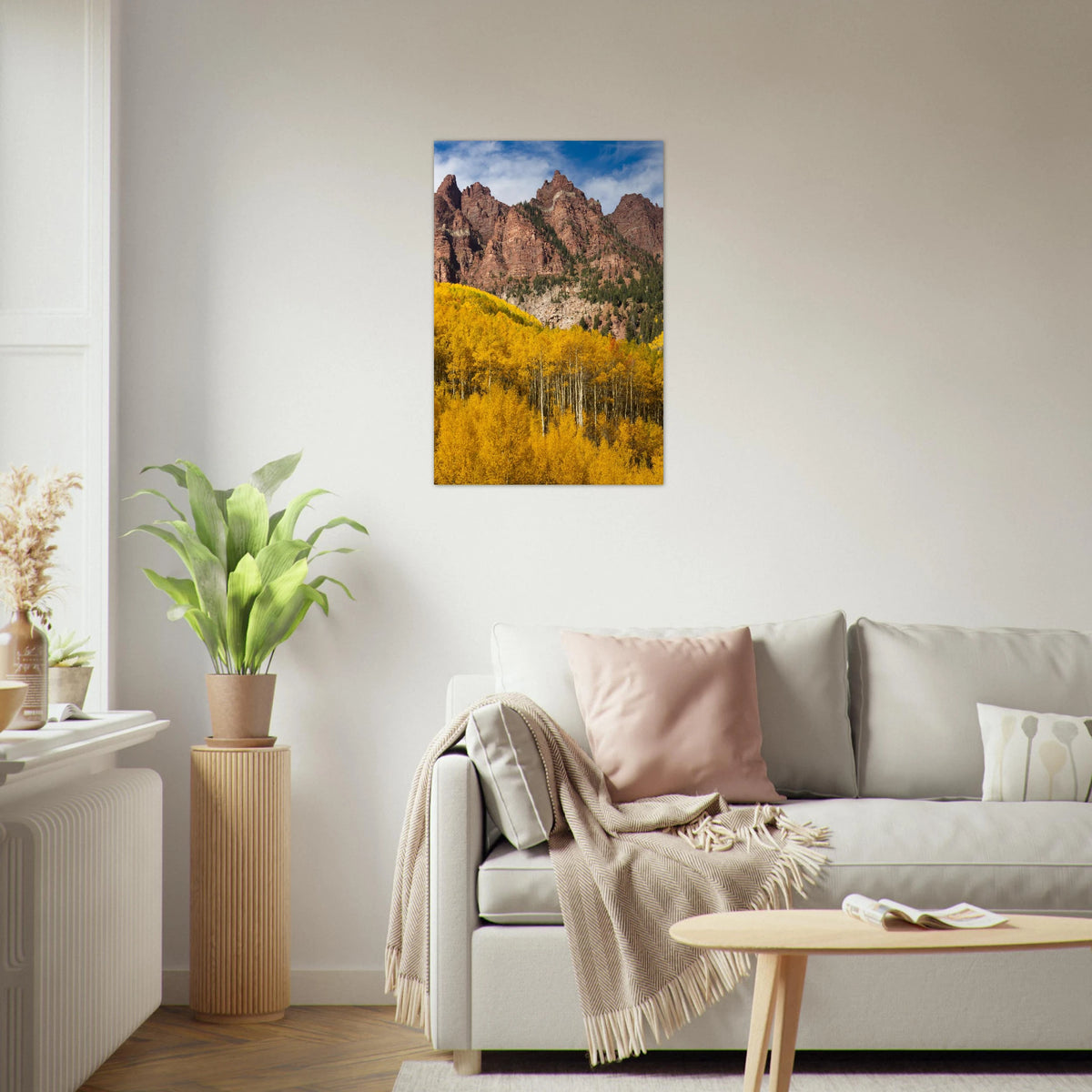 Maroon Bells, Colorado print, unframed, on a white living-room wall. Print only. Frame not included.