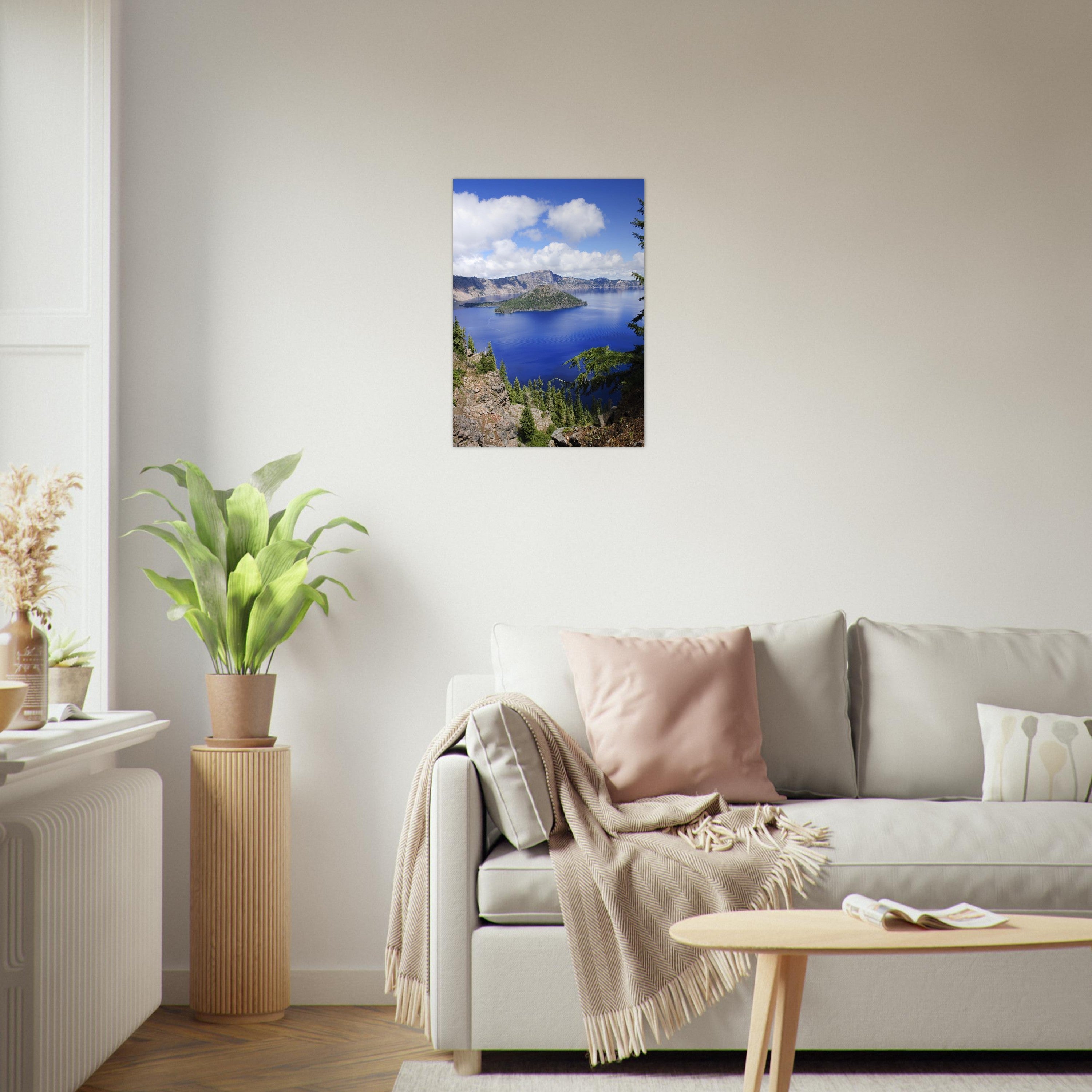 Crater Lake, Oregon print, unframed, on a white living-room wall. Print only. Frame not included.