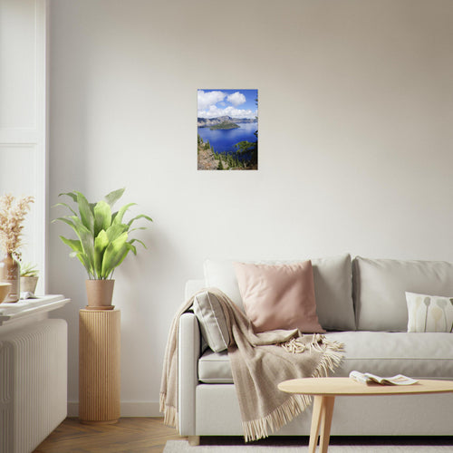 Crater Lake, Oregon print, unframed, on a white living-room wall. Print only. Frame not included.