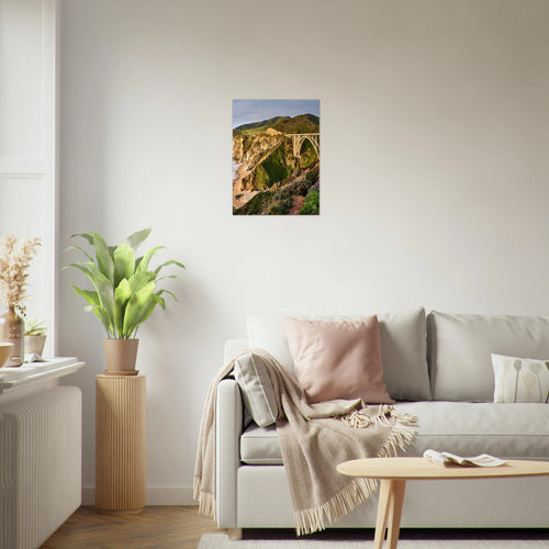 Bixby Bridge, California print, unframed, on a white living-room wall. Print only. Frame not included.