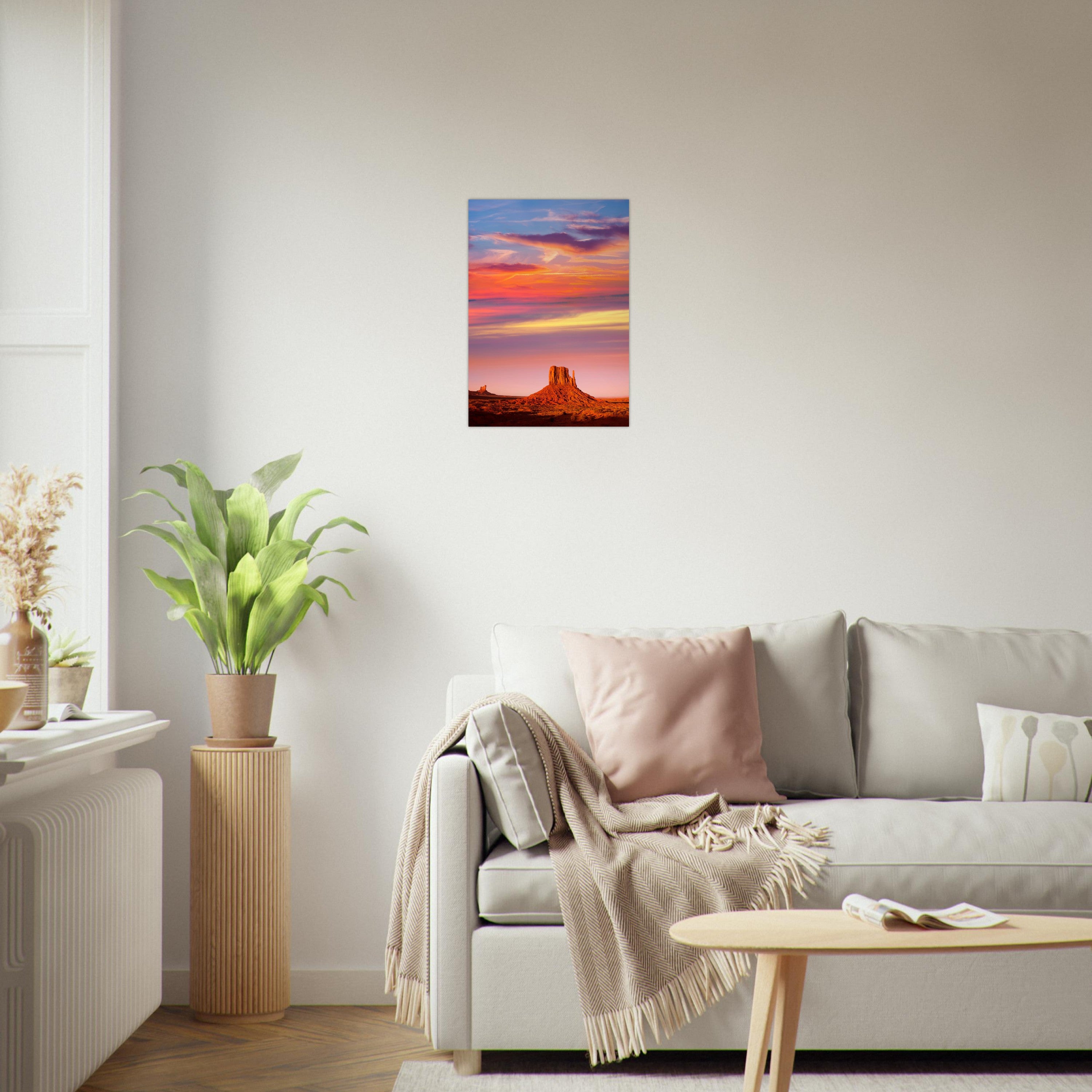 Monument Valley print, unframed, on a white living-room wall. Print only. Frame not included.