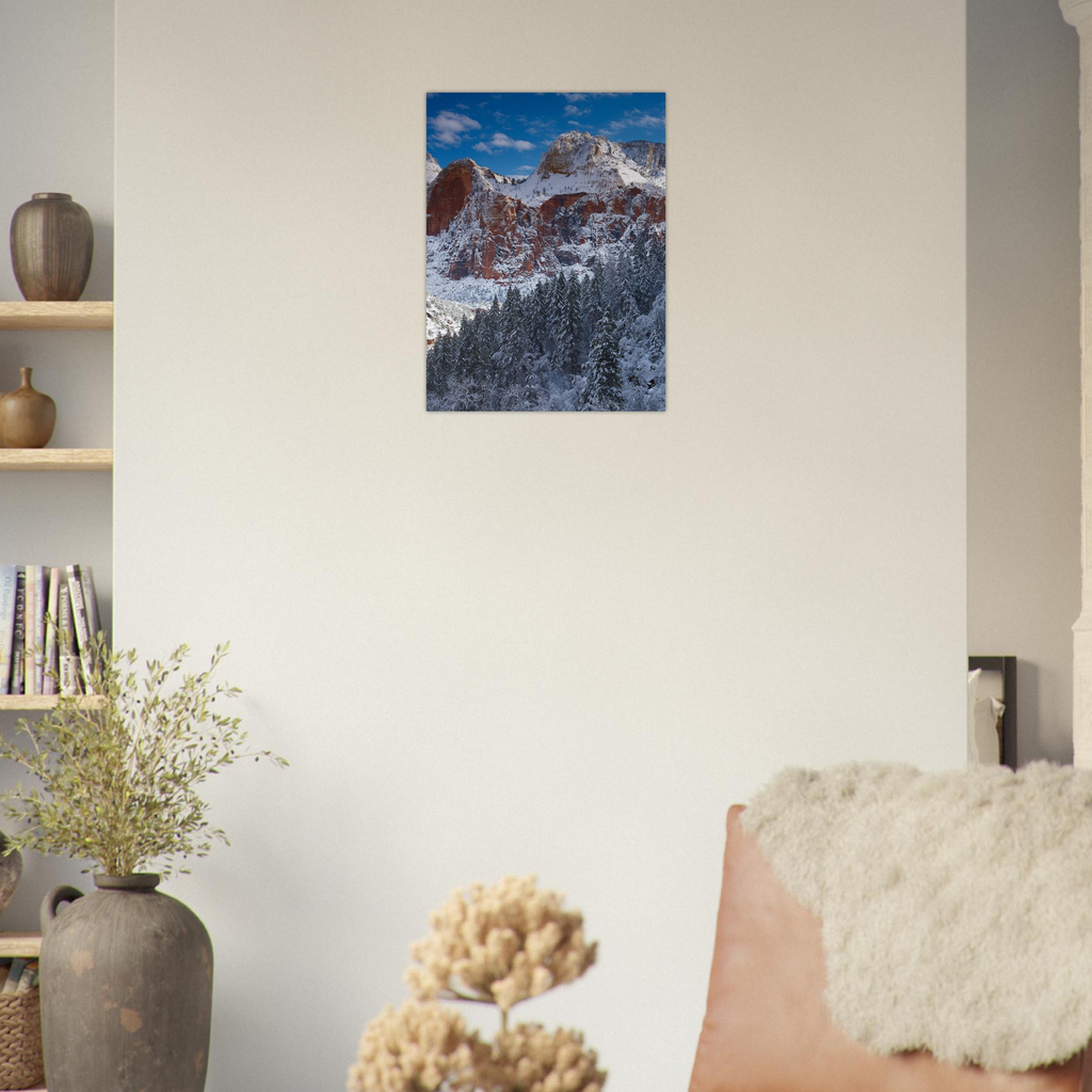 Zion in Snow, Utah print, unframed, on a wall. Print only. Frame not included.