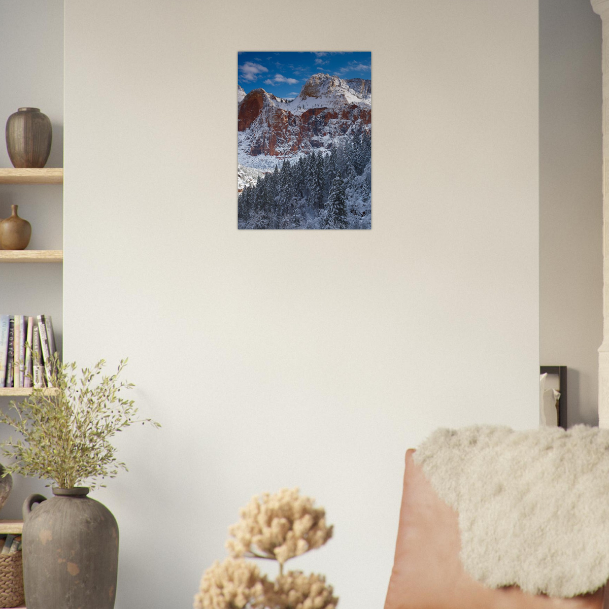 Zion in Snow, Utah print, unframed, on a wall. Print only. Frame not included.
